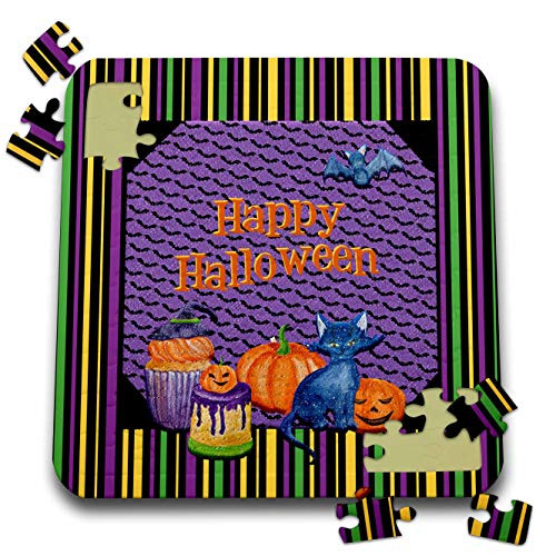 3dRose Image of Group of Pumpkins, Cat, Cakes, Stripes, Purple, Orange - Puzzles -pzl-338532-2-