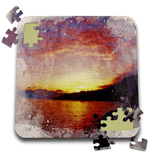 3dRose Image of Watercolor Orange Sunset Over A Lake Scene - Puzzles -pzl-340458-2-