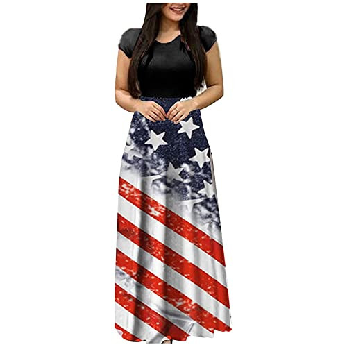 WHOVILLE Maxi Dresses for Women Summer, Short Sleeve Loose Plain Maxi Dresses Casual Long Dresses,4th of July American Flag Printed Dress Independence Day Patriotic Dress