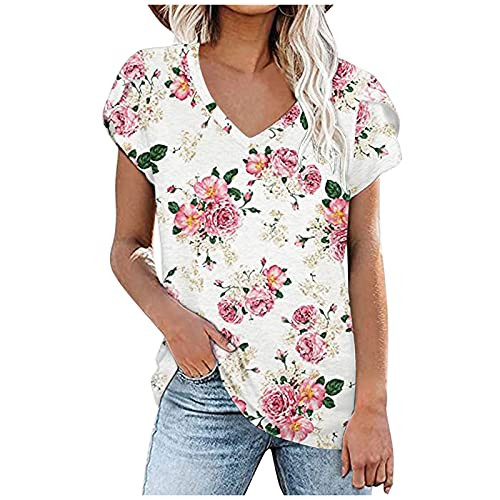 Dunacifa Button Up Shirts for Women Casual Short Sleeve Tunic Tops Loose Fit Pleated T-Shirt Blouses Summer V Neck Tee