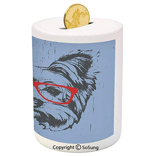 SoSung Yorkie Ceramic Piggy Bank,Yorkshire Terrier Portrait Red Nerd Glasses Tainted Backdrop Animal 3D Printed Ceramic Coin Bank Money Box for Kids  and  Adults,Pale Blue Grey Vermilion