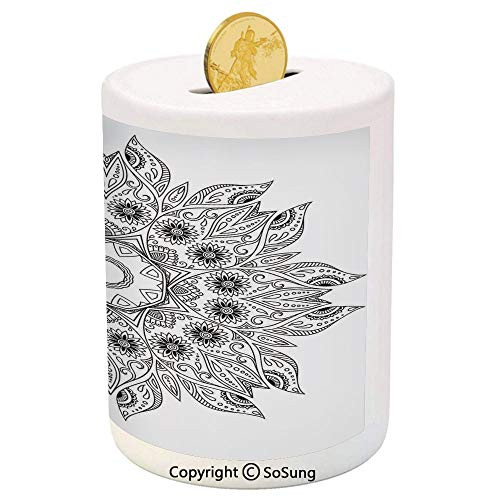 SoSung Mandala Decor Ceramic Piggy Bank,Ornate Arabesque Esoteric Figure Esoteric Oriental Chakra Ritual Art Print 3D Printed Ceramic Coin Bank Money Box for Kids  and  Adults,Black White