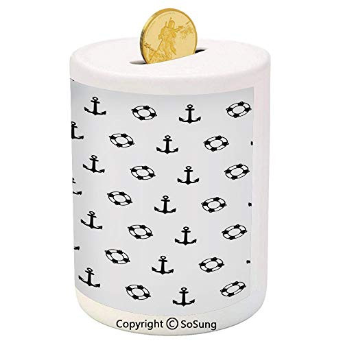 Nautical Ceramic Piggy Bank,Maritime Theme Objects Anchors and Lifebuoys Pattern Navy Ocean High Seas 3D Printed Ceramic Coin Bank Money Box for Kids and Adults,Black and White Nautical Ceramic Piggy Bank,Maritime Theme Objects Anchors and Lifebuoys Pattern Navy Ocean High Seas 3D Printed Ceramic Coin Bank Money Box for Kids and Adults,Black and White