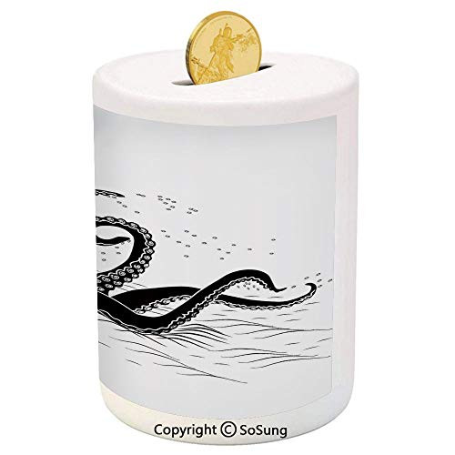 SoSung Octopus Decor Ceramic Piggy Bank,Mythological Kraken Octopus Tentacles Monster in The Sea Illustration Nautical Decor 3D Printed Ceramic Coin Bank Money Box for Kids  and  Adults,Black White