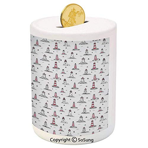 Lighthouse Ceramic Piggy Bank,Notebook Pattern with Nautical Elements Seagulls and Anchors Doodle Style Decorative 3D Printed Ceramic Coin Bank Money Box for Kids and Adults,Pink Lilac Black Lighthouse Ceramic Piggy Bank,Notebook Pattern with Nautical Elements Seagulls and Anchors Doodle Style Decorative 3D Printed Ceramic Coin Bank Money Box for Kids and Adults,Pink Lilac Black