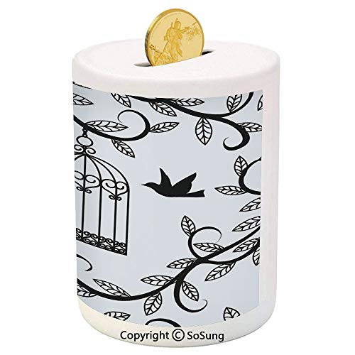 SoSung Birds Ceramic Piggy Bank,Ornate Cages with Branch of Tree Silhouette and Birds Floral Modern Artistic Print 3D Printed Ceramic Coin Bank Money Box for Kids and Adults,Blue Black SoSung Birds Ceramic Piggy Bank,Ornate Cages with Branch of Tree Silhouette and Birds Floral Modern Artistic Print 3D Printed Ceramic Coin Bank Money Box for Kids and Adults,Blue Black