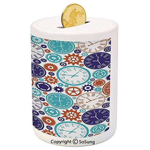 SoSung Clock Decor Ceramic Piggy Bank,Vintage Clock Mechanism Roman Numbers Hour and Minute Hand Pattern 3D Printed Ceramic Coin Bank Money Box for Kids  and  Adults,Blue and Dark Orange