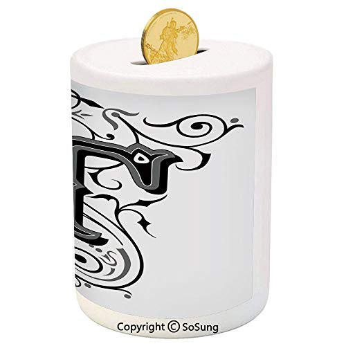 SoSung Letter T Ceramic Piggy Bank,Symmetrical Uppercase Letter in Renaissance Art Style Ornamental Monochrome Decorative 3D Printed Ceramic Coin Bank Money Box for Kids  and  Adults,Black Grey White