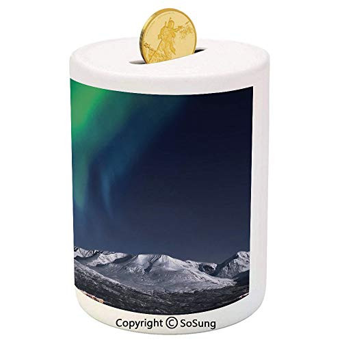 Sky Decor Ceramic Piggy Bank,Northern Lights Aurora Over Fjords Mountain at Night Norway Solar Image Art 3D Printed Ceramic Coin Bank Money Box for Kids  and  Adults,Green Dark Blue Sky Decor Ceramic Piggy Bank,Northern Lights Aurora Over Fjords Mountain at Night Norway Solar Image Art 3D Printed Ceramic Coin Bank Money Box for Kids  and  Adults,Green Dark Blue