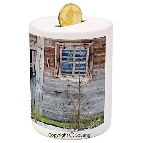 Primitive Country Decor Ceramic Piggy Bank,Neglected Old Farmhouse Rustic Wooden Door and Window Rural Decorative 3D Printed Ceramic Coin Bank Money Box for Kids and Adults,Brown Green Silver Primitive Country Decor Ceramic Piggy Bank,Neglected Old Farmhouse Rustic Wooden Door and Window Rural Decorative 3D Printed Ceramic Coin Bank Money Box for Kids and Adults,Brown Green Silver