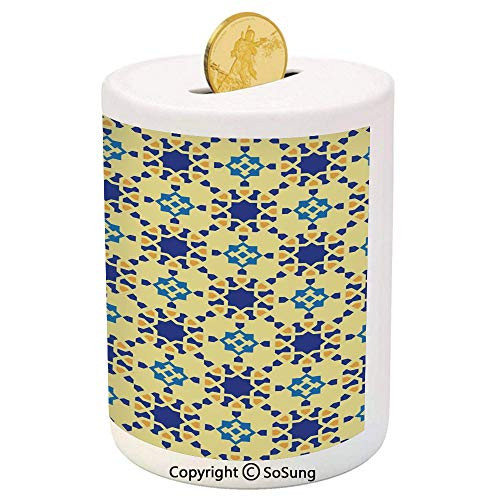 SoSung Ethnic Ceramic Piggy Bank,Moroccan Ceramic Motif with Arabesque Persian Folk Effects Antique Design 3D Printed Ceramic Coin Bank Money Box for Kids  and  Adults,Violet Blue Yellow