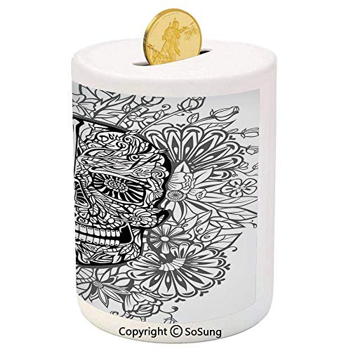 Skull Decor Ceramic Piggy Bank,Gothic Smiling Skeleton Head with Flowers Day of The Dead Mexican Traditional 3D Printed Ceramic Coin Bank Money Box for Kids  and  Adults,Black White Skull Decor Ceramic Piggy Bank,Gothic Smiling Skeleton Head with Flowers Day of The Dead Mexican Traditional 3D Printed Ceramic Coin Bank Money Box for Kids  and  Adults,Black White