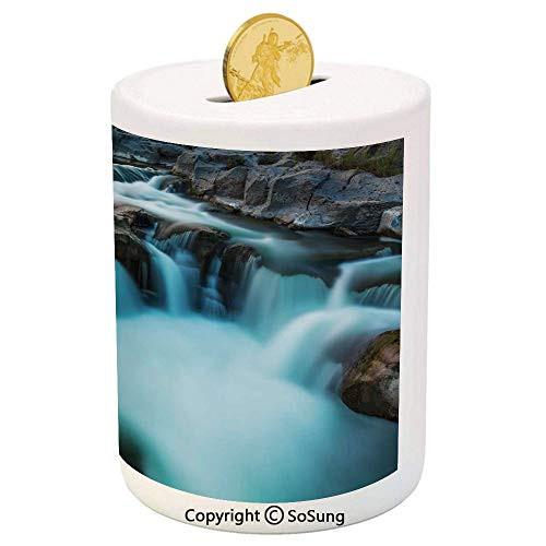 SoSung Landscape Ceramic Piggy Bank,Waterfall Basalt Rocks Rural Scenery National Park Nature Woods Photo 3D Printed Ceramic Coin Bank Money Box for Kids and Adults,Sky Blue Grey Green SoSung Landscape Ceramic Piggy Bank,Waterfall Basalt Rocks Rural Scenery National Park Nature Woods Photo 3D Printed Ceramic Coin Bank Money Box for Kids and Adults,Sky Blue Grey Green