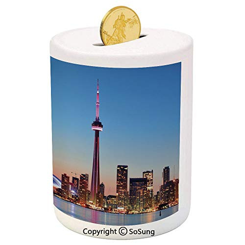 Modern Ceramic Piggy Bank,Canadian Skyline Toronto City with Lake Panorama at Evening Urban Scenery Decorative 3D Printed Ceramic Coin Bank Money Box for Kids and Adults,Light Blue Cinnamon Modern Ceramic Piggy Bank,Canadian Skyline Toronto City with Lake Panorama at Evening Urban Scenery Decorative 3D Printed Ceramic Coin Bank Money Box for Kids and Adults,Light Blue Cinnamon