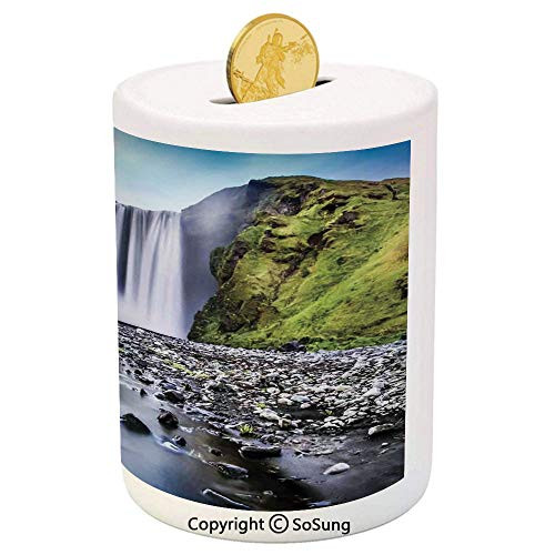 SoSung Waterfall Ceramic Piggy Bank,Skogafoss Waterfall in Iceland Rocky River and Highlands in Evening 3D Printed Ceramic Coin Bank Money Box for Kids  and  Adults,Blue Green Dark Brown SoSung Waterfall Ceramic Piggy Bank,Skogafoss Waterfall in Iceland Rocky River and Highlands in Evening 3D Printed Ceramic Coin Bank Money Box for Kids  and  Adults,Blue Green Dark Brown