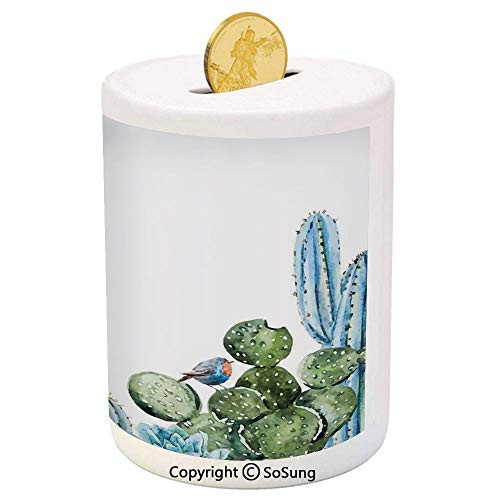 Cactus Decor Ceramic Piggy Bank,Cactus Spikes Flowers with Birds Cartoon Vintage Like Colored Artwork 3D Printed Ceramic Coin Bank Money Box for Kids and Adults,Green and Blue Cactus Decor Ceramic Piggy Bank,Cactus Spikes Flowers with Birds Cartoon Vintage Like Colored Artwork 3D Printed Ceramic Coin Bank Money Box for Kids and Adults,Green and Blue