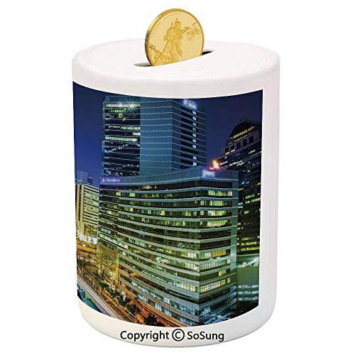SoSung Urban Ceramic Piggy Bank,Bangkok City Night View Highways Buildings Traffic Modern Business Theme 3D Printed Ceramic Coin Bank Money Box for Kids and Adults,Navy Blue Green Yellow SoSung Urban Ceramic Piggy Bank,Bangkok City Night View Highways Buildings Traffic Modern Business Theme 3D Printed Ceramic Coin Bank Money Box for Kids and Adults,Navy Blue Green Yellow