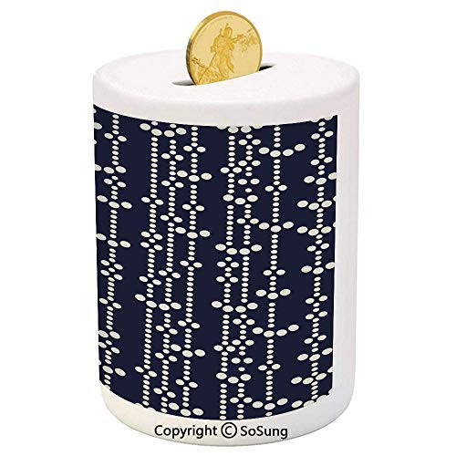 SoSung Geometric Ceramic Piggy Bank,Japanese Influenced Ornamental Vertical Dotted Pattern Traditional Vintage Decorative 3D Printed Ceramic Coin Bank Money Box for Kids  and  Adults,Dark Blue Cream