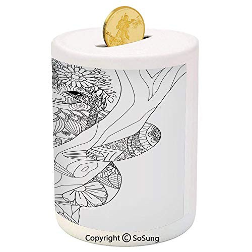 SoSung Sloth Ceramic Piggy Bank,Smiling Cute Animal on Tree with Various Floral Details Monochrome Artistic Wildlife Decorative 3D Printed Ceramic Coin Bank Money Box for Kids and Adults,Black White SoSung Sloth Ceramic Piggy Bank,Smiling Cute Animal on Tree with Various Floral Details Monochrome Artistic Wildlife Decorative 3D Printed Ceramic Coin Bank Money Box for Kids and Adults,Black White