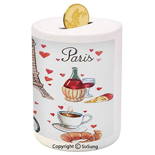 SoSung Paris Ceramic Piggy Bank,Paris Illustration of Hearts Eiffel Tower Red Wine Coffee Perfume Romance Themed Art 3D Printed Ceramic Coin Bank Money Box for Kids  and  Adults,Red Brown SoSung Paris Ceramic Piggy Bank,Paris Illustration of Hearts Eiffel Tower Red Wine Coffee Perfume Romance Themed Art 3D Printed Ceramic Coin Bank Money Box for Kids  and  Adults,Red Brown