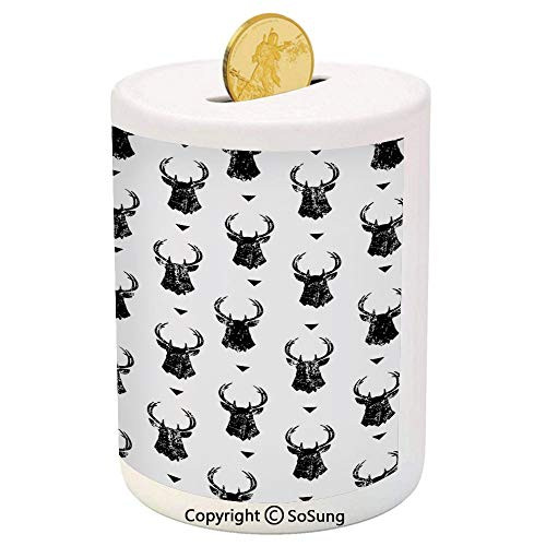 SoSung Deer Ceramic Piggy Bank,Monochrome Animal Silhouettes and Triangles Ornamental Pattern Nature Illustration Decorative 3D Printed Ceramic Coin Bank Money Box for Kids and Adults,Black White SoSung Deer Ceramic Piggy Bank,Monochrome Animal Silhouettes and Triangles Ornamental Pattern Nature Illustration Decorative 3D Printed Ceramic Coin Bank Money Box for Kids and Adults,Black White
