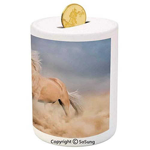 SoSung Animal Decor Ceramic Piggy Bank,Palomino Horse in Sand Desert with Long Blond Male Hair and Tail Power Wild Animal Theme 3D Printed Ceramic Coin Bank Money Box for Kids  and  Adults,Cream Blue
