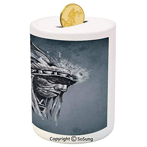 SoSung Native American Ceramic Piggy Bank,Hand Drawn Tribe Chief Head with Feathers Vintage Style Ethnic Art 3D Printed Ceramic Coin Bank Money Box for Kids  and  Adults,Grey Black White