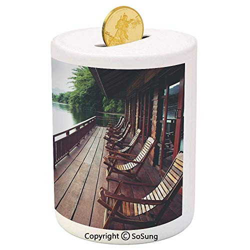 SoSung Asian Ceramic Piggy Bank,Wooden Chairs in Floating Hotel on The River Kawai in Thailand Idyllic Resort Travel 3D Printed Ceramic Coin Bank Money Box for Kids  and  Adults,Brown Green