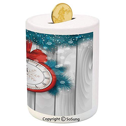 SoSung Clock Decor Ceramic Piggy Bank,New Year Midnight A Clock and Fir Branch Illustration Decorations for Home 3D Printed Ceramic Coin Bank Money Box for Kids  and  Adults,Red Light Grey
