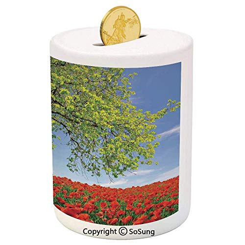 SoSung Poppy Ceramic Piggy Bank,Landscape of Blooming Poppies on Field Majestic Tree Rural Terrain Habitat Photo 3D Printed Ceramic Coin Bank Money Box for Kids and Adults,Green Red Blue SoSung Poppy Ceramic Piggy Bank,Landscape of Blooming Poppies on Field Majestic Tree Rural Terrain Habitat Photo 3D Printed Ceramic Coin Bank Money Box for Kids and Adults,Green Red Blue