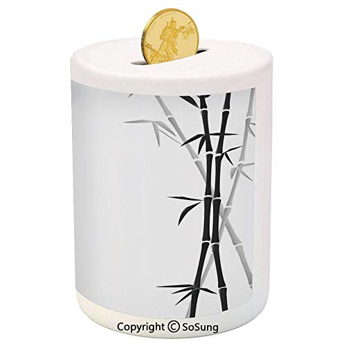 SoSung Bamboo House Decor Ceramic Piggy Bank,Illustration of Chinese Symbols for Tranquility Harmony Peace with Bamboo Pattern 3D Printed Ceramic Coin Bank Money Box for Kids  and  Adults,Black White
