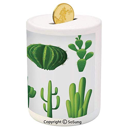 Cactus Decor Ceramic Piggy Bank,Print Cartoon Like Image Hot Mexican Desert Plant Cactus Types with Spikes Image 3D Printed Ceramic Coin Bank Money Box for Kids and Adults,Green Cactus Decor Ceramic Piggy Bank,Print Cartoon Like Image Hot Mexican Desert Plant Cactus Types with Spikes Image 3D Printed Ceramic Coin Bank Money Box for Kids and Adults,Green