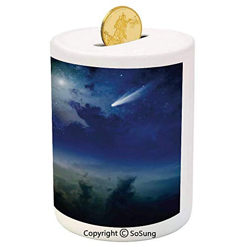 SoSung Outer Space Ceramic Piggy Bank,Vibrant Clouds Full Moon Rise and Comet in Dark Sky Celestial Horizon Twilight Decorative 3D Printed Ceramic Coin Bank Money Box for Kids  and  Adults,Blue Yellow