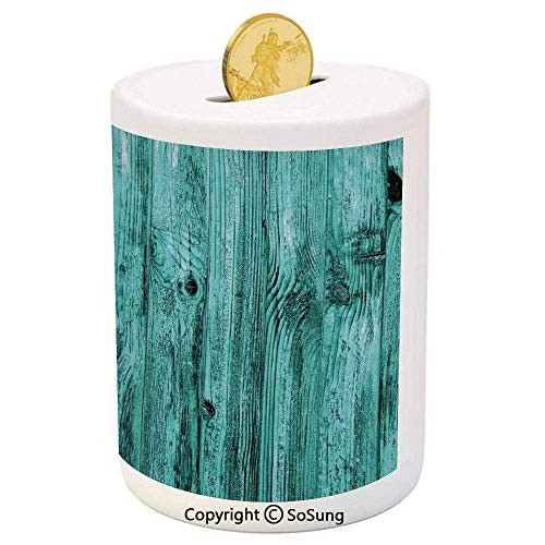 SoSung Turquoise Decor Ceramic Piggy Bank,Wall of Turquoise Wooden Texture Background Antique Timber Furniture Artful Print 3D Printed Ceramic Coin Bank Money Box for Kids  and  Adults,Blue