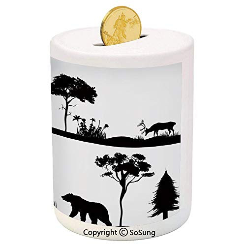 SoSung Cabin Decor Ceramic Piggy Bank,Monochrome Landscape Wildlife Theme Natural Habitat Animal Silhouettes Decorative 3D Printed Ceramic Coin Bank Money Box for Kids and Adults,Black and White SoSung Cabin Decor Ceramic Piggy Bank,Monochrome Landscape Wildlife Theme Natural Habitat Animal Silhouettes Decorative 3D Printed Ceramic Coin Bank Money Box for Kids and Adults,Black and White