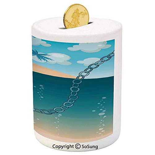 SoSung Anchor Ceramic Piggy Bank,Hawaiian Beach Scenery with Palms and Ship Anchor in The Water Near Tropic Island 3D Printed Ceramic Coin Bank Money Box for Kids  and  Adults,Blue Cream