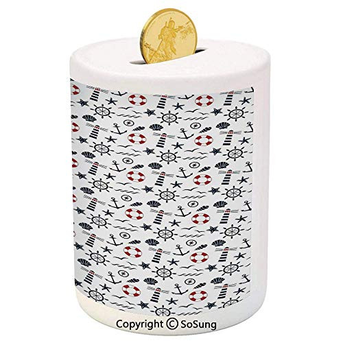 SoSung Lighthouse Ceramic Piggy Bank,Nautical Anchors Waves Helms and Animal Silhouettes Compass Navigation Decorative 3D Printed Ceramic Coin Bank Money Box for Kids and Adults,Indigo Red White SoSung Lighthouse Ceramic Piggy Bank,Nautical Anchors Waves Helms and Animal Silhouettes Compass Navigation Decorative 3D Printed Ceramic Coin Bank Money Box for Kids and Adults,Indigo Red White