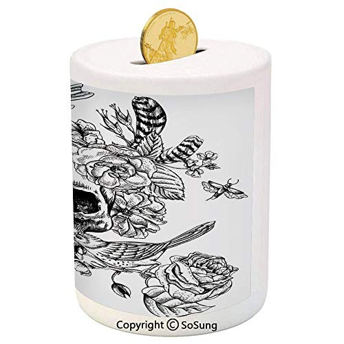 SoSung Black and White Ceramic Piggy Bank,Dead Skull Flowers Birds and Feathers Gothic Mexican Calavera Design 3D Printed Ceramic Coin Bank Money Box for Kids  and  Adults,Red Black White SoSung Black and White Ceramic Piggy Bank,Dead Skull Flowers Birds and Feathers Gothic Mexican Calavera Design 3D Printed Ceramic Coin Bank Money Box for Kids  and  Adults,Red Black White