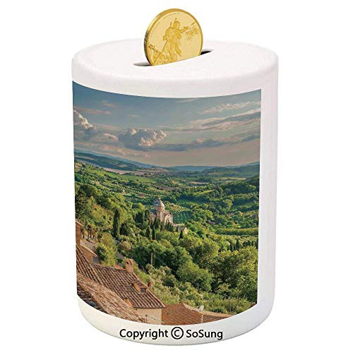 Tuscan Ceramic Piggy Bank,Sunset Rural Landscape Cypresses Forest Hills Greenery Blue Sky Clouds 3D Printed Ceramic Coin Bank Money Box for Kids  and  Adults,Ivory Green and Blue
