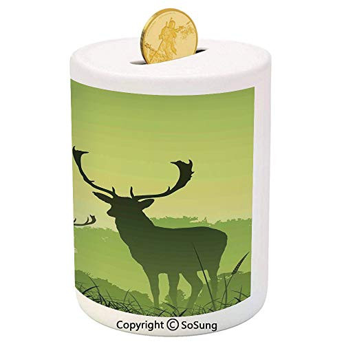 SoSung Antlers Decor Ceramic Piggy Bank,Male Deer on a Meadow with Trees and Crow Bird Woodland Mist Rural Green Country 3D Printed Ceramic Coin Bank Money Box for Kids  and  Adults,