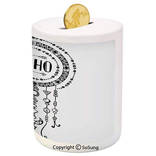 SoSung Feather House Decor Ceramic Piggy Bank,Minimalist Boho Native American Form Ethnic Tribal Folkloric Image 3D Printed Ceramic Coin Bank Money Box for Kids  and  Adults,Black White