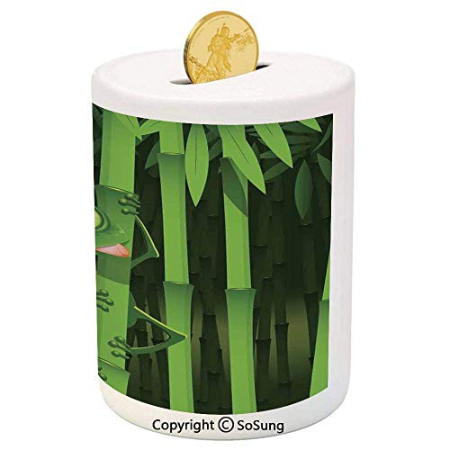 Animal Decor Ceramic Piggy Bank,Funny Illustration of Friendly Fun Frog on Stem of The Bamboo Jungle Trees Cute Nature Print 3D Printed Ceramic Coin Bank Money Box for Kids  and  Adults,Green