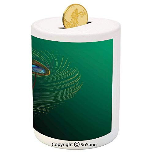 SoSung Peacock Ceramic Piggy Bank,Peacock Feather Illustration in Simplistic Artistic Style Wild Nature Life Print Decorative 3D Printed Ceramic Coin Bank Money Box for Kids  and  Adults,Green Blue