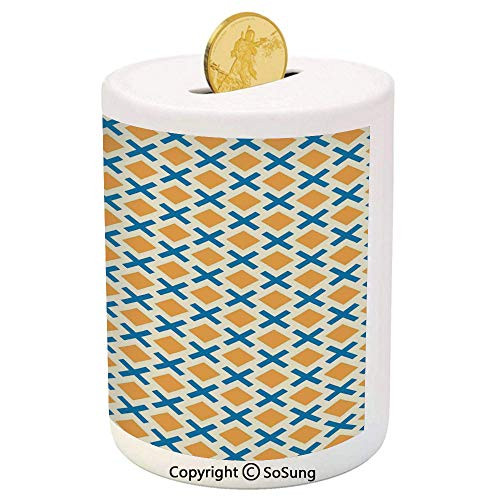 SoSung Kids Ceramic Piggy Bank,Checked Pattern with Dashed Lines and Squares Diagonal Geometrical Retro Tile 3D Printed Ceramic Coin Bank Money Box for Kids and Adults,Blue Marigold Cream SoSung Kids Ceramic Piggy Bank,Checked Pattern with Dashed Lines and Squares Diagonal Geometrical Retro Tile 3D Printed Ceramic Coin Bank Money Box for Kids and Adults,Blue Marigold Cream