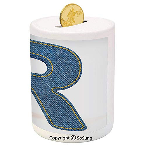 SoSung Letter R Ceramic Piggy Bank,Retro Denim Style Alphabet Font Pattern with Capital R Letter Blue Jean Design Decorative 3D Printed Ceramic Coin Bank Money Box for Kids  and  Adults,Blue Yellow