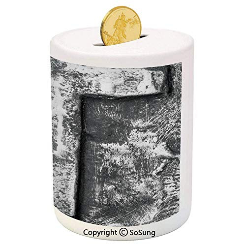 SoSung Letter T Ceramic Piggy Bank,Vintage Gothic Medieval Capital T Surname Industrial Stylized Alphabetic Image Decorative 3D Printed Ceramic Coin Bank Money Box for Kids  and  Adults,Black Grey