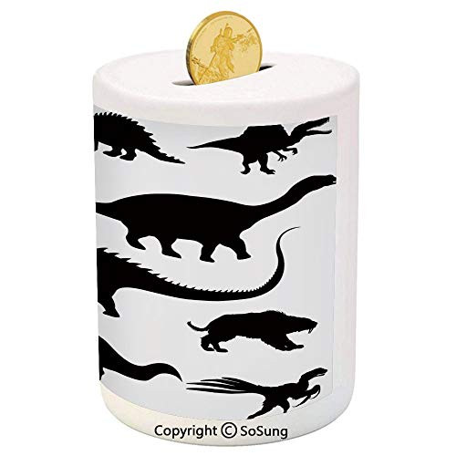 SoSung Dinosaur Ceramic Piggy Bank,Various Black Dino Silhouettes Jurassic Evolution Extinction Predator Animals 3D Printed Ceramic Coin Bank Money Box for Kids and Adults,Black White SoSung Dinosaur Ceramic Piggy Bank,Various Black Dino Silhouettes Jurassic Evolution Extinction Predator Animals 3D Printed Ceramic Coin Bank Money Box for Kids and Adults,Black White