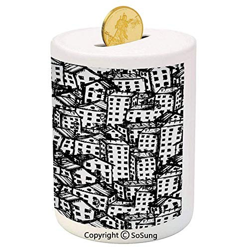 Grunge Ceramic Piggy Bank,City Sketch in Black and White Architecture Modern Buildings Urban Life Metropolis Decorative 3D Printed Ceramic Coin Bank Money Box for Kids and Adults,Black White Grunge Ceramic Piggy Bank,City Sketch in Black and White Architecture Modern Buildings Urban Life Metropolis Decorative 3D Printed Ceramic Coin Bank Money Box for Kids and Adults,Black White