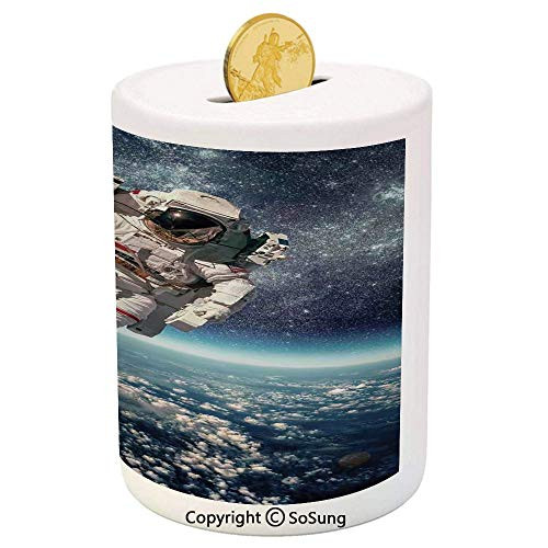 SoSung Galaxy Ceramic Piggy Bank,Astronaut Floats Outer Space with Planet Earth Globe Surreal Gravity Image Space Art 3D Printed Ceramic Coin Bank Money Box for Kids  and  Adults,Grey Blue