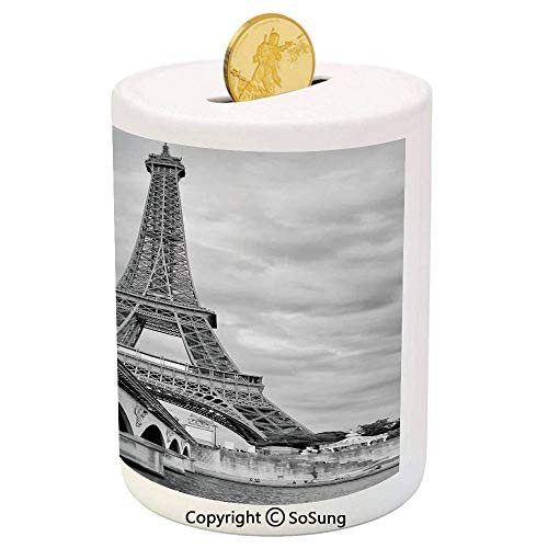 SoSung Eiffel Tower Ceramic Piggy Bank,Eiffel Tower Cloudy Sky View from Seine River Under Bridge Monochromic Art 3D Printed Ceramic Coin Bank Money Box for Kids  and  Adults,Black White